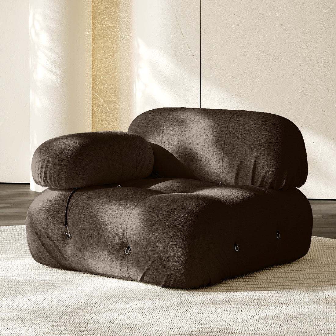 Hiksnra Camaleonda sofa.corner module in brown chenille,with a rounded armrest for flexible modular layouts.