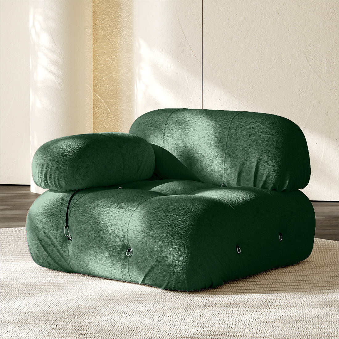 Hiksnra Camaleonda sofa.corner module in dark green chenille,with a rounded armrest for flexible modular layouts.