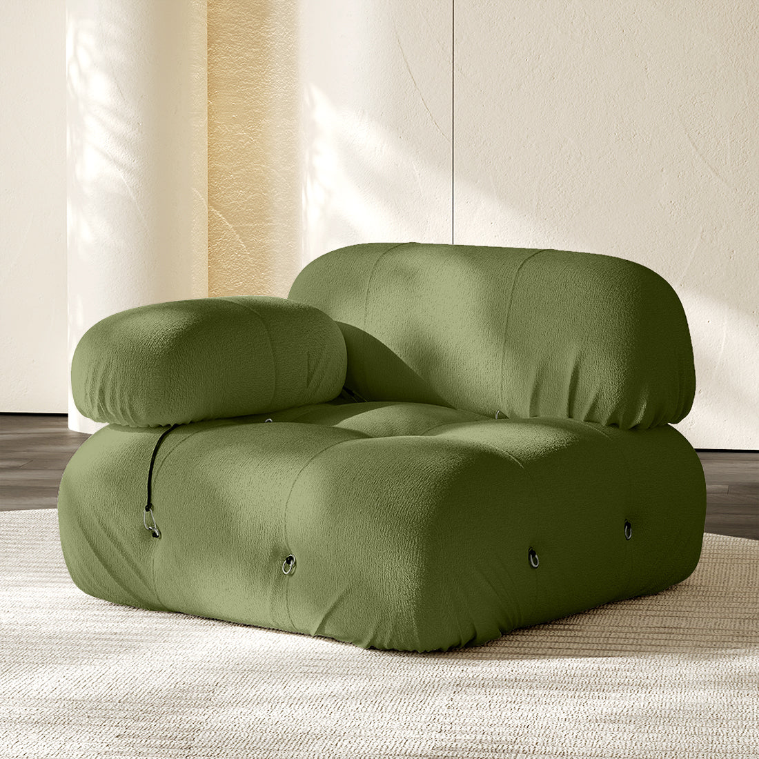 Hiksnra Camaleonda sofa.corner module in grass green chenille,with a rounded armrest for flexible modular layouts.