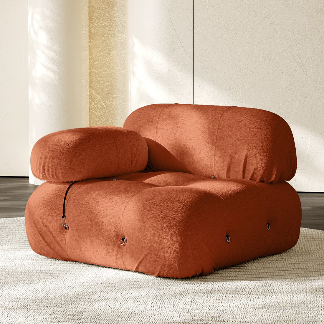 Hiksnra Camaleonda sofa.corner module in yellow chenille,with a rounded armrest for flexible modular layouts.