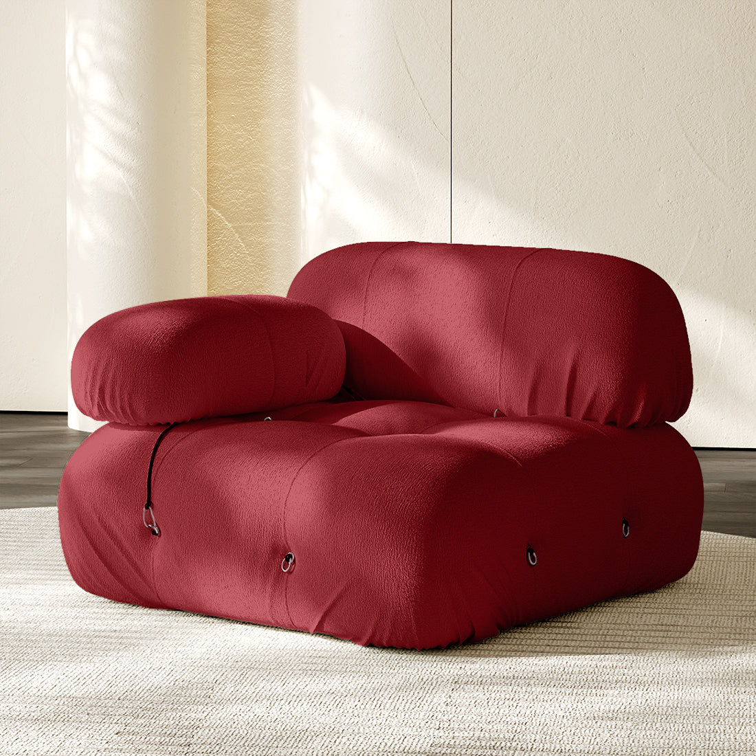 Hiksnra Camaleonda sofa.corner module in red chenille,with a rounded armrest for flexible modular layouts.