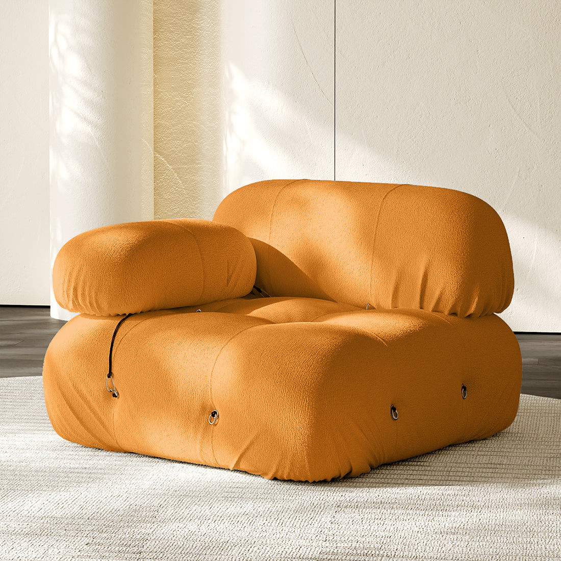 Hiksnra Camaleonda sofa,corner module in yellow chenille,with a rounded armrest for flexible modular layouts.