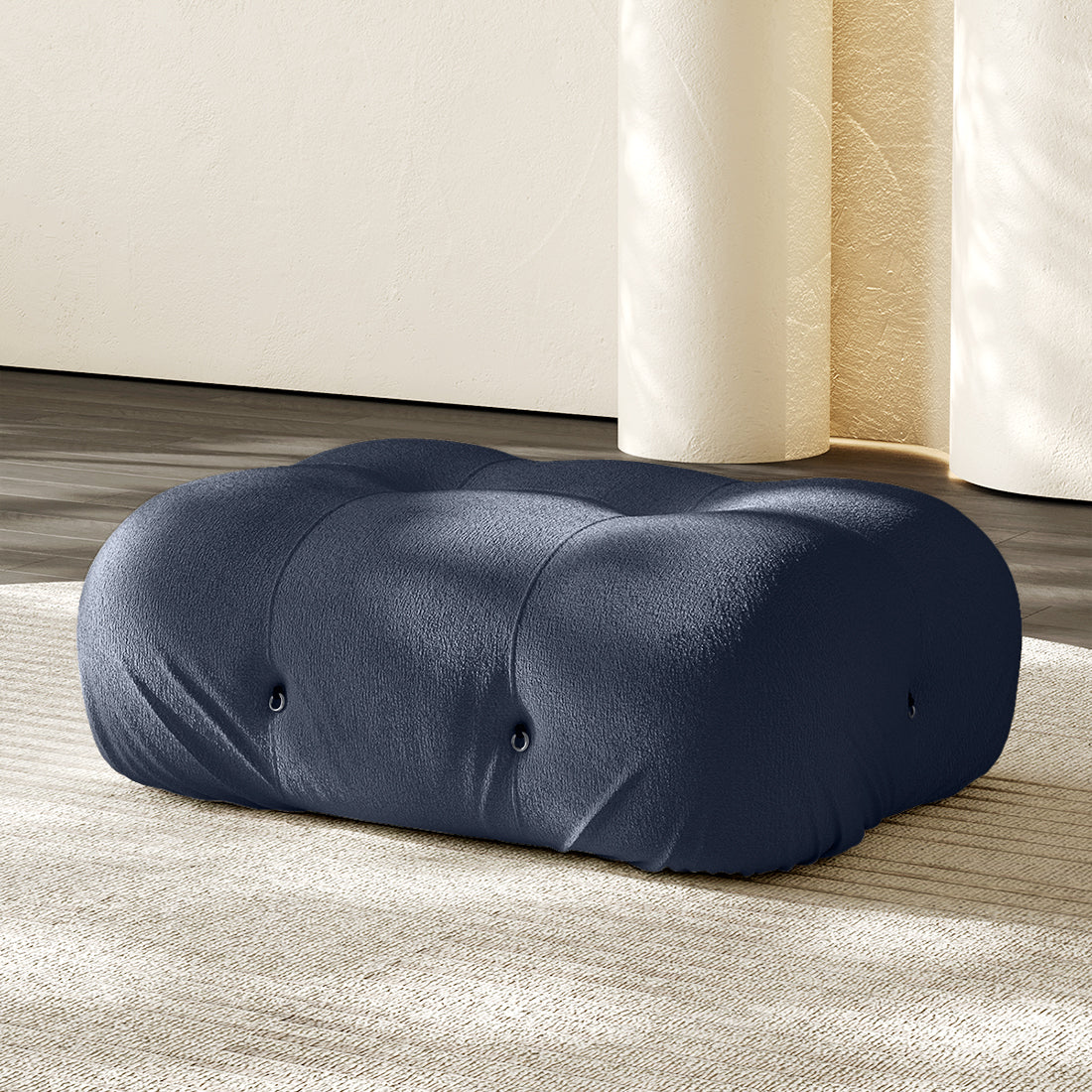 Hiksnra Camaleonda sofa.rectangular ottoman in blue chenille,with soft foam cushioning for modular sofa layouts.