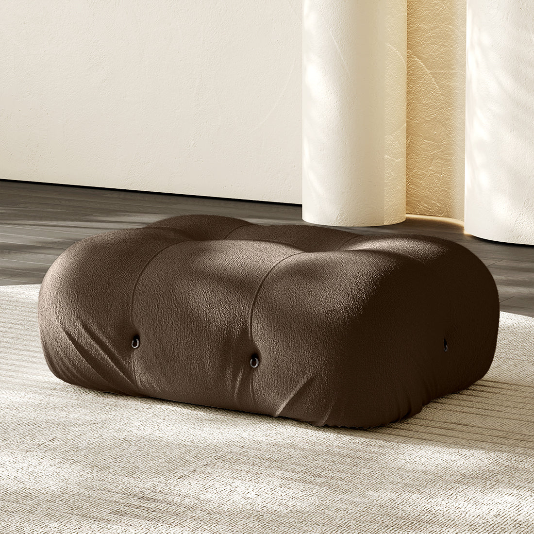 Hiksnra Camaleonda sofa.rectangular ottoman in brown chenille,with soft foam cushioning for modular sofa layouts.