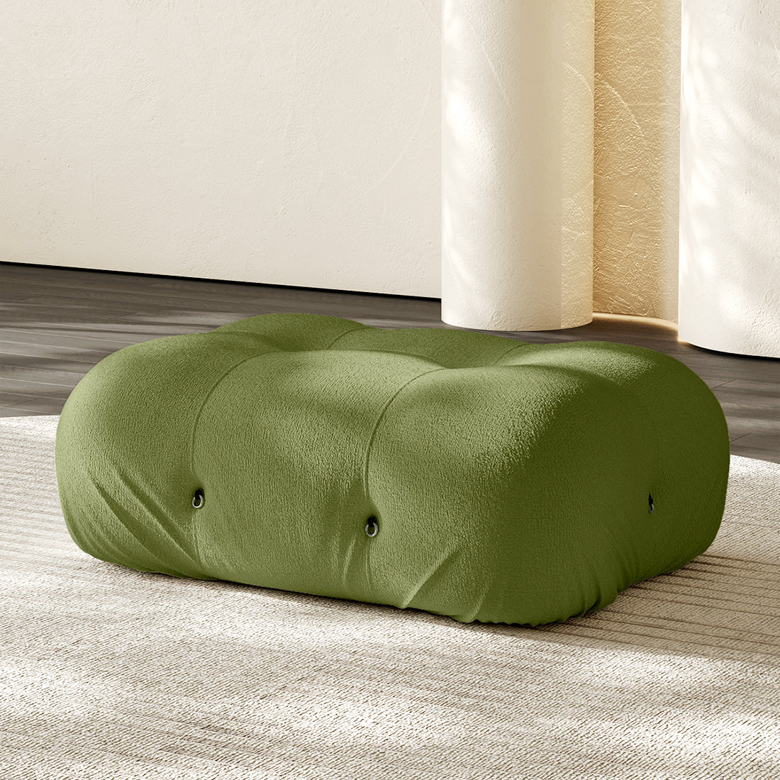 Hiksnra Camaleonda sofa.rectangular ottoman in grass green chenille,with soft foam cushioning for modular sofa layouts.
