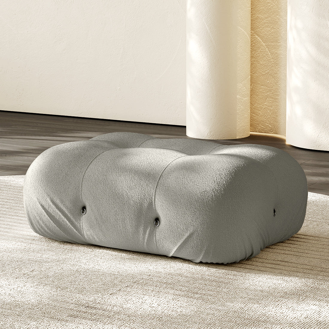 Hiksnra Camaleonda sofa.rectangular ottoman in light gray chenille,with soft foam cushioning for modular sofa layouts.