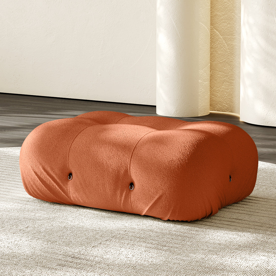 Hiksnra Camaleonda sofa.rectangular ottoman in orange chenille,with soft foam cushioning for modular sofa layouts.