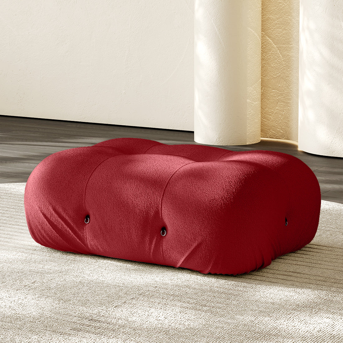 Hiksnra Camaleonda sofa.rectangular ottoman in red chenille,with soft foam cushioning for modular sofa layouts.