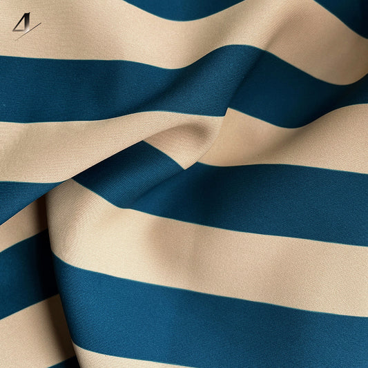 Close-up of the blue and beige striped upholstery fabric for the Hiksnra La Mamma UP5_6 chair, highlighting its smooth texture and breathable stretch material.