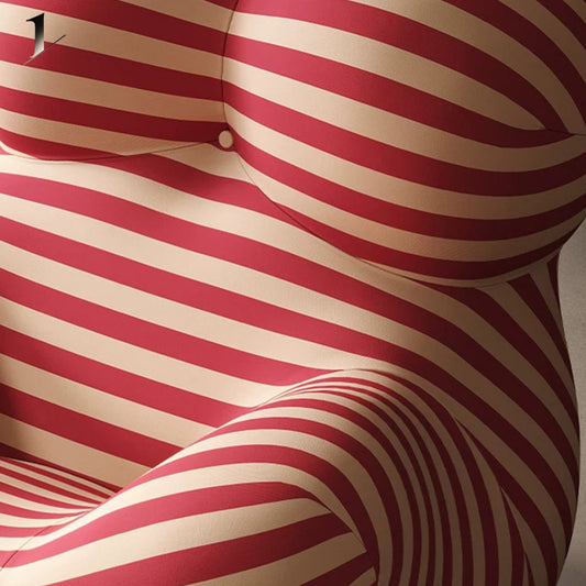 Close-up of the Hiksnra La Mamma UP5_6 lounge chair in red and beige stripes, showing its soft, contoured shape designed to follow the body's curves.