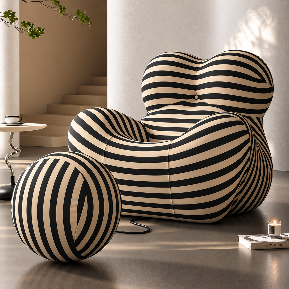 Hiksnra La Mamma UP5_6 lounge chair with a matching round ottoman, featuring black and beige striped upholstery and a sculptural design.