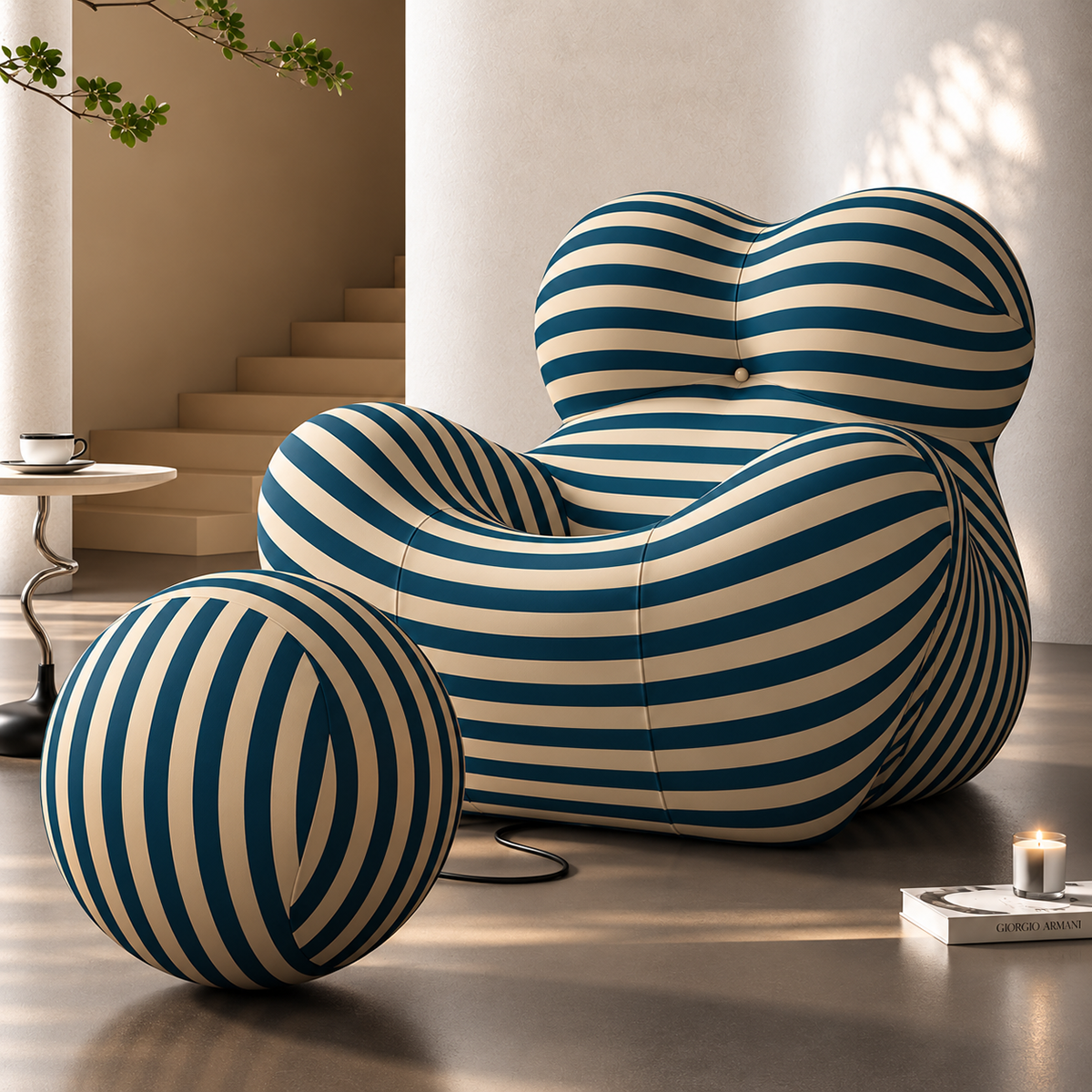 Hiksnra La Mamma UP5_6 lounge chair with a matching round ottoman, featuring blue and beige striped upholstery and a sculptural design.