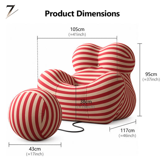 Product dimensions of the Hiksnra La Mamma UP5_6 lounge chair and matching round ottoman in red and beige stripes, showing width, depth, height and seat measurements in centimetres and inches.