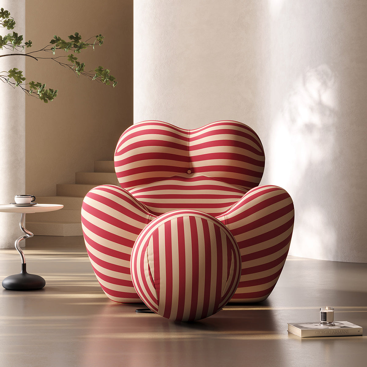 Red and beige striped soft lounge chair with matching round ottoman