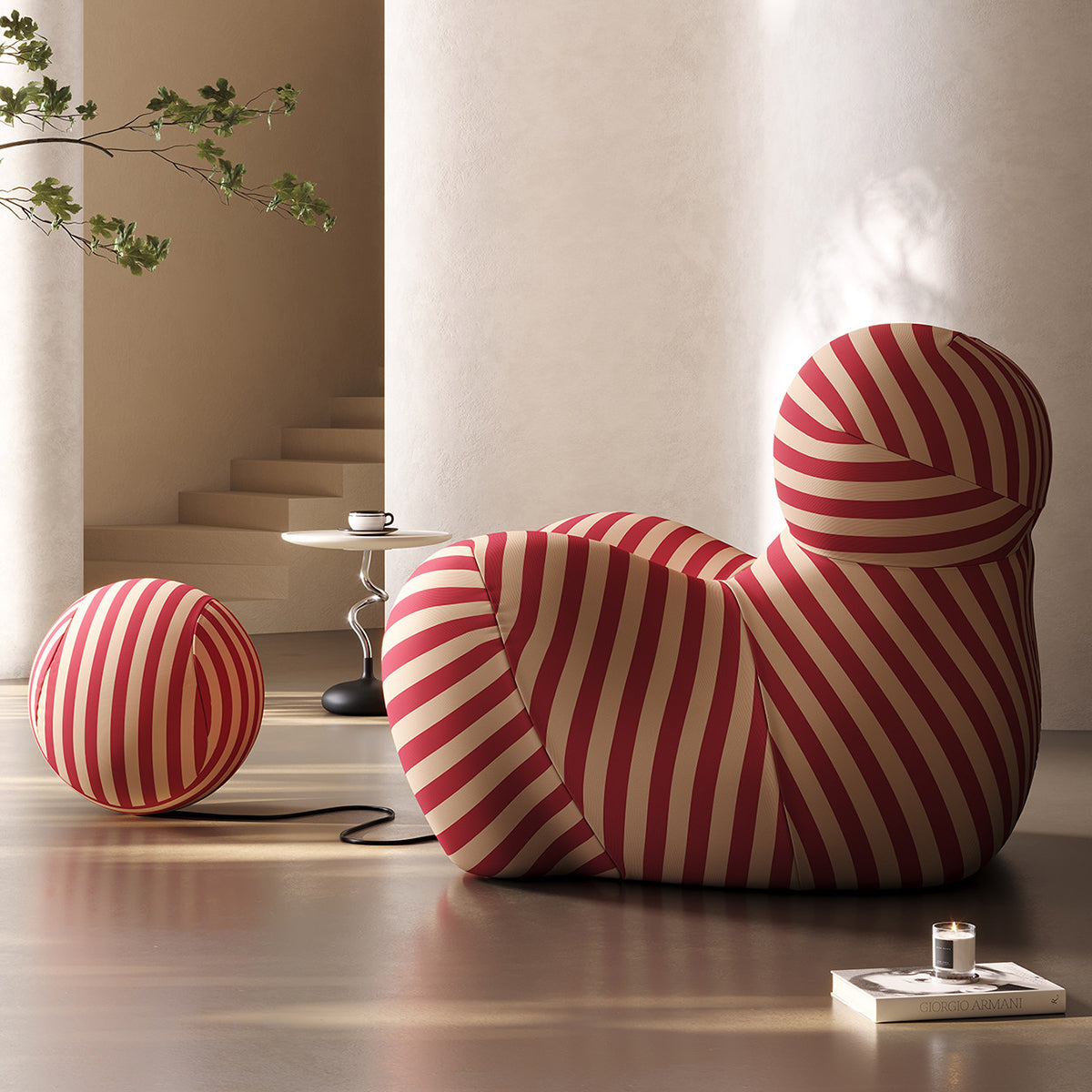 Red and beige striped soft lounge chair with round ottoman and contoured seat