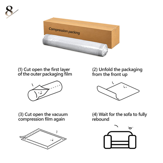 Hiksnra La Mamma UP5_6 lounge chair,vacuum-compressed sofa packaging and unboxing steps, showing compact delivery, no assembly required and the sofa returning to shape.